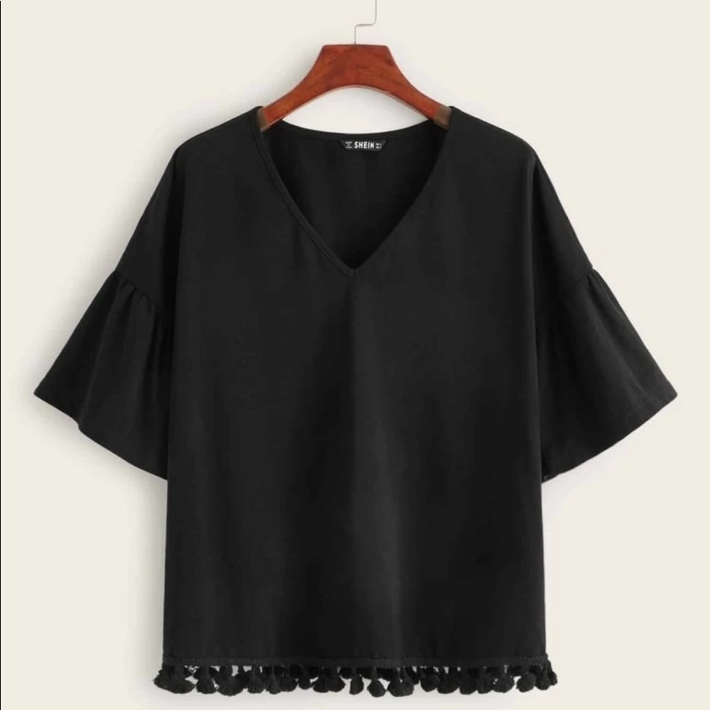 SHEIN Womens Black Ruffle Cuff Tassel Hem V-Neck Blouse Top Large